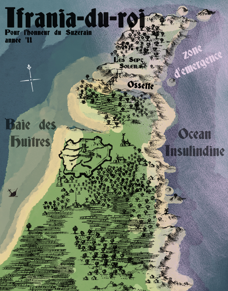 Map of Ifrania-du-roi, in old-fashioned painterly style.