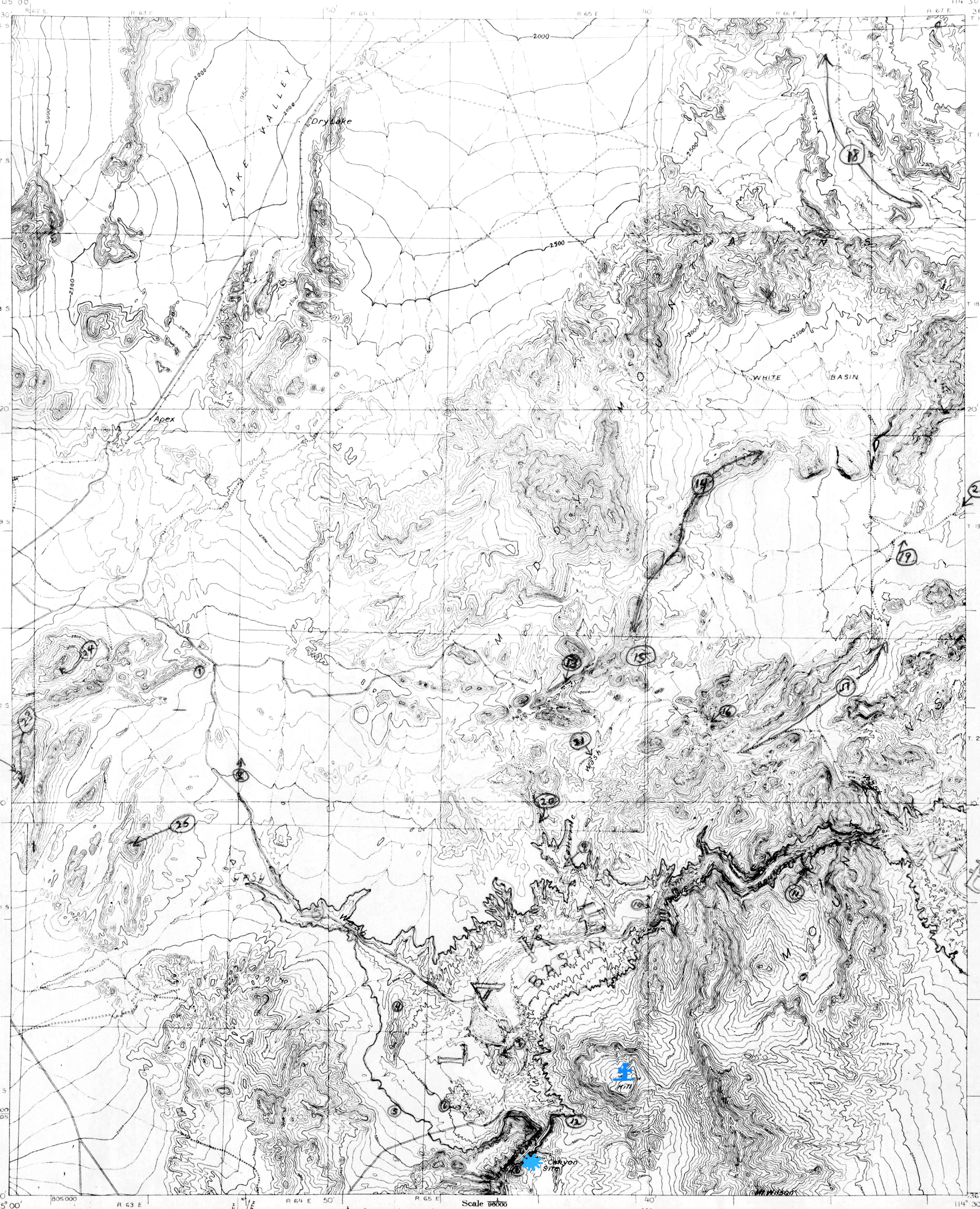 A black and white topographical map of a large geographic area, with two large lakes and some basins.