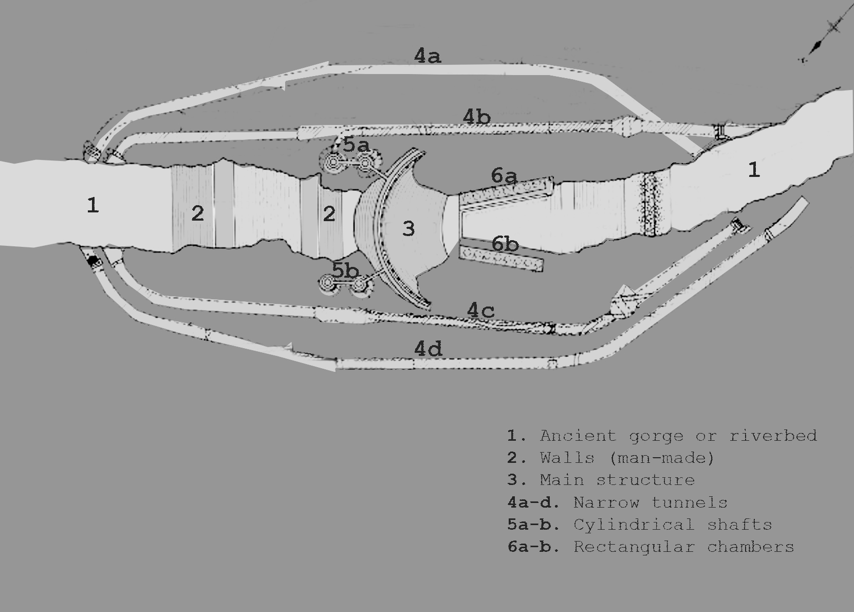 Dr. Redacted's tentative reconstruction of the underground chambers of the underground structure, aka possible tomb. The structure is built on top of a historical riverbed, now covered by glaciers. The main area is a large central space with a large shield-shaped wall. Several tunnels spread out from the structure.