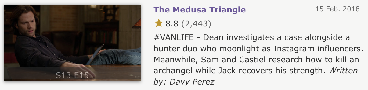 IMDb episode summary screenshot. 13x15 -  #VANLIFE - Dean investigates a case alongside a hunter duo who moonlight as Instagram influencers. Meanwhile, Sam and Castiel research how to kill an archangel while Jack recovers his strength. Written by: Davy Perez 